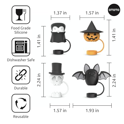 Black Halloween Straw Toppers Set of 4 - Spooky Water Bottle Caps for Tumblers