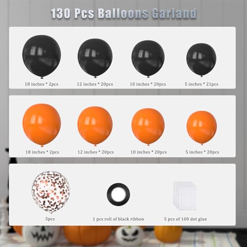 Halloween Balloon Arch Kit - Black, Orange & Rose Gold Confetti, 130 Pcs