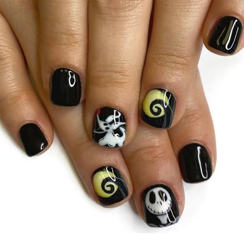 Halloween Press on Nails Short Square Black Fake Nails with Designs - Halloween Nails14