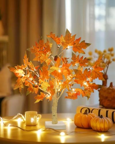 Fall Light Up Artificial Maple Tree Set - 22 Inch Battery-Operated LED Decor for Thanksgiving & Halloween