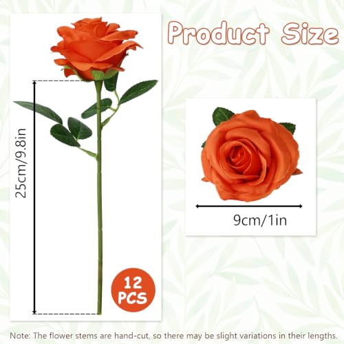 Artificial Orange Rose Flowers with Stems - 12 Pack, Realistic Silk Blooms