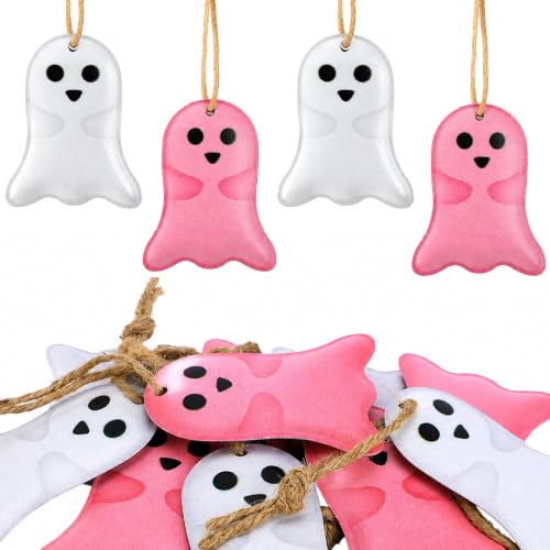 Cute 10 Pack Pink Halloween Ghost Hanging Ornaments - Metal Decor Set