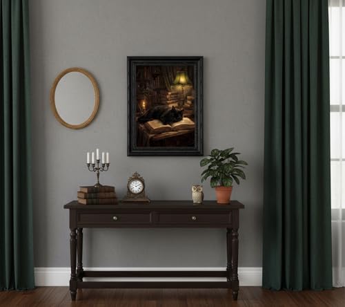 Dark Academia Cat Wall Art - Framed Vintage Gothic Canvas Print, 16x12in - Moody Black Cat Sleeping on Book