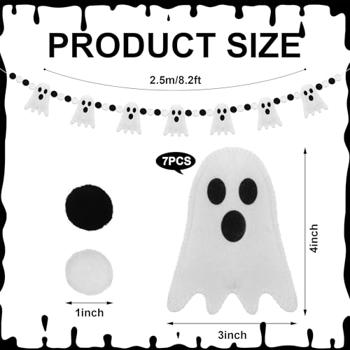 Halloween Ghost Felt Garland with Pom Poms - 4 Ft Spooky Party Decor