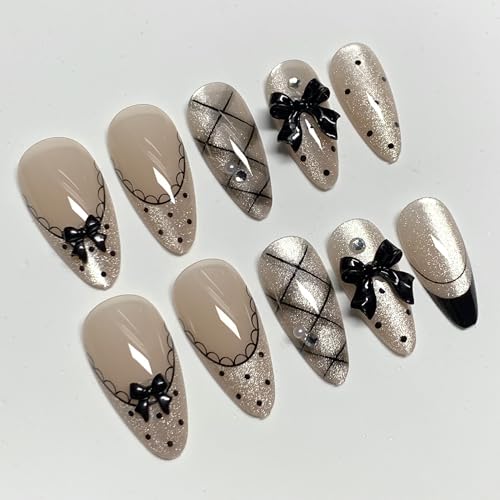 BABALAL Medium Almond Fake Nails Set with French Tips & Cat Eye Bling - Variation CNF001-01