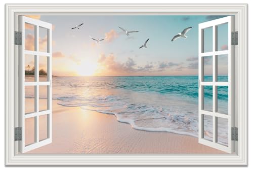 Pink Beach Wall Art Canvas Sunset Seascape for Living Room 36x24 Inches