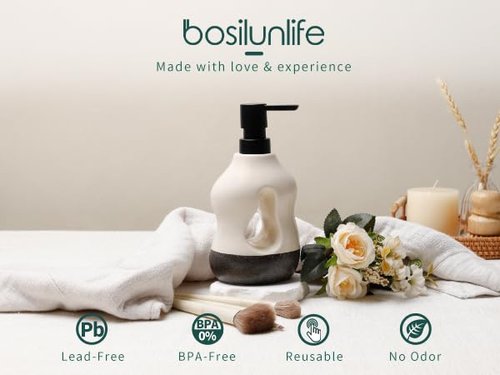 BosilunLife Ceramic Soap Dispenser - Soap Pump Dispenser Bathroom Kitchen Modern Farmhouse Elegant Refillable Soap Dispenser Lotion Hand Pump Dispenser for Kitchen Sink (Beige with Black Base, 15oz)