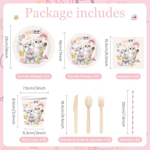 Pink Cat Birthday Party Plate Set for Kids - Serves 25 Guests, Disposable Tableware Kit