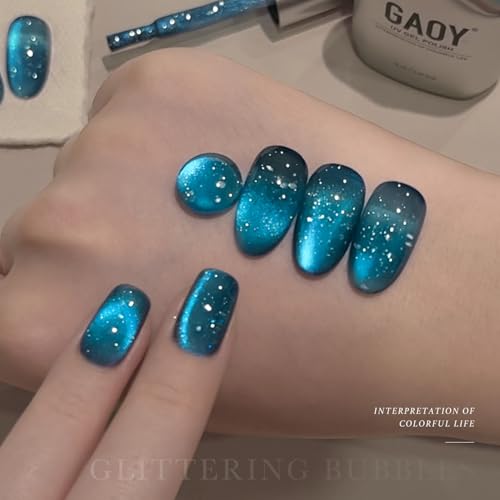 Blue Bubble Cat Eye Gel Nail Polish 16ml - Holographic Glitter Jelly Effect with Magnet - Ocean Mirage