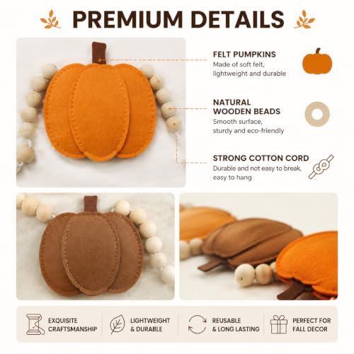 Fall Felt Pumpkin Bead Garland with Wooden Beads for Home Decor - Rustic Autumn Decoration