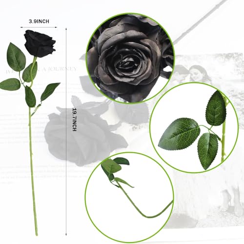 Black Artificial Roses Flowers - 12 Pcs Fake Silk Long Stem Bouquets for Halloween & Gothic Decor - Variation of 12-PCS / Black