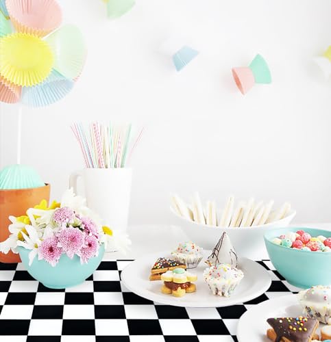 Black and White Checkered Disposable Plastic Table Runners - 12 Pcs