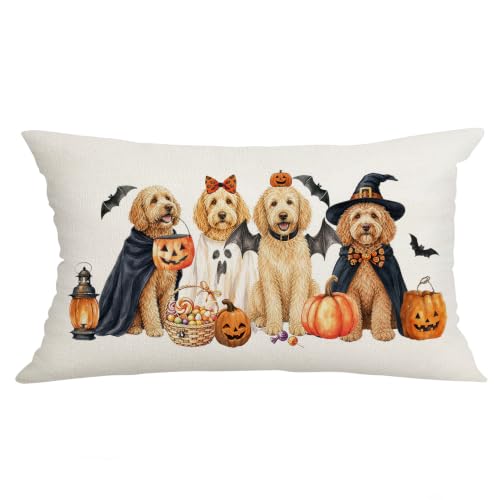 Halloween Pillow Cover 12x20 Ghost Witch Golden Poodle Variation Decorative Throw Pillowcase