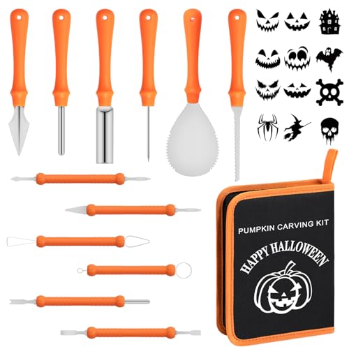 Halloween Pumpkin Carving Kit with 12 Stencils & Tools, Includes Bag