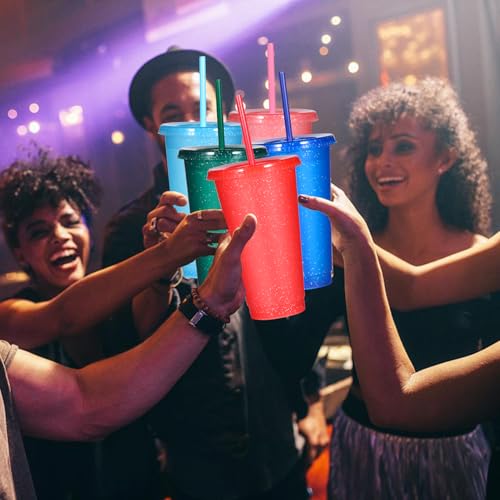 Reusable 24oz Plastic Tumblers with Lids & Straws - Glitter 15 Pack - Party & Travel Drinkware
