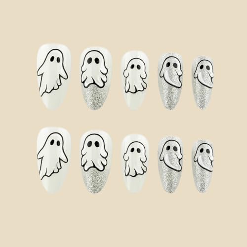 Halloween Ghost Fake Nails Set - Silver Glitter Almond Press On Nails with Cartoon Ghost Design - Variation 13