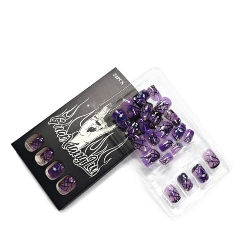 Press On Nails Short Square Fake Nails Halloween Nail Art Kit - Purple Glitter with Rhinestones & Web Design H04