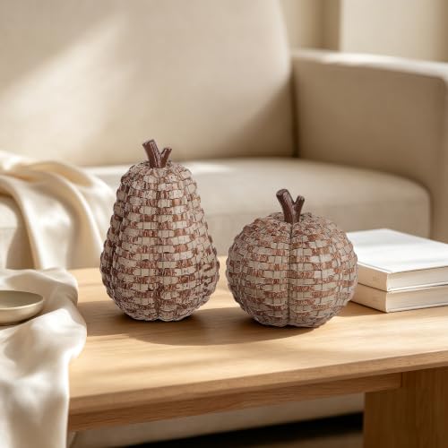 Brown Fall Pumpkin Decor Pack - Woven Resin Pumpkins for Indoor & Outdoor