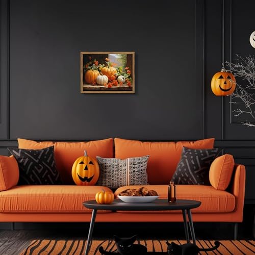 Halloween Pumpkin Wall Art Framed 16x12 Inch Autumn Harvest Decor with Wood Frame