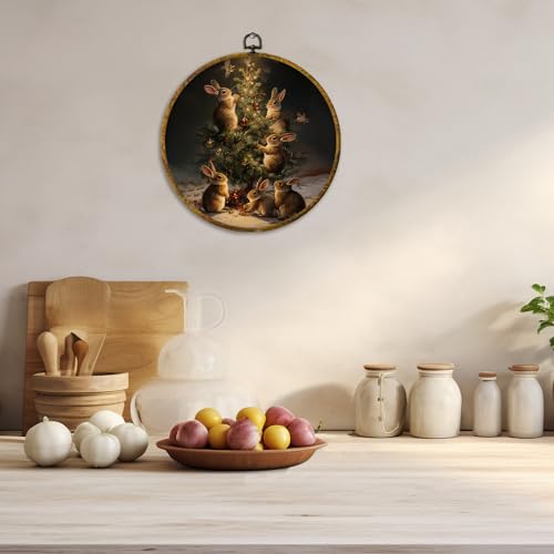 Bunny Christmas Tree Round Wall Art - Rustic Winter Rabbit Decor, 10x10 Inch, Variation 26
