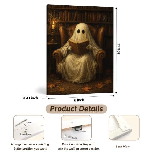 Ghost Reading Book Wall Art Decor Set of 4 - Halloween Fall Whimsical 8x10 Inch