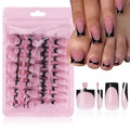 Black French Tip Press On Nails Square Medium 60pc Kit with Nail Files & Adhesive