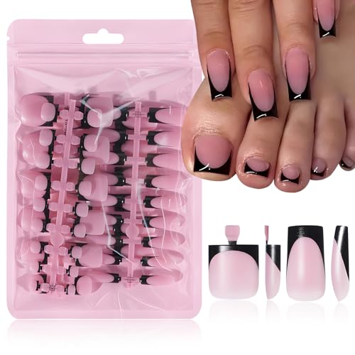 Black French Tip Press On Nails Square Medium 60pc Kit with Nail Files & Adhesive