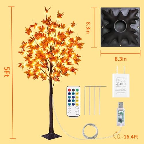 5FT Fall Maple Tree Lights - 90 LEDs, Remote & 8 Flashing Modes, Outdoor Decor - 2 Pack