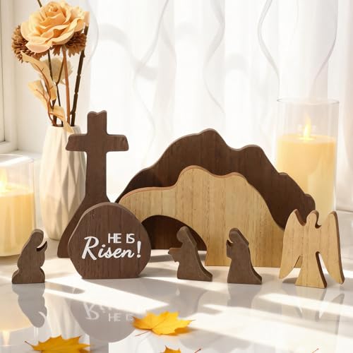 Wooden Easter Resurrection Scene Set with Cross and Tomb - Christian Decor for Tabletop & Home