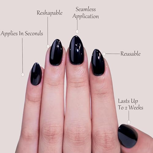Black Short Almond Press-On Nails - Glossy Fake Nail Set with Variations A-Black1