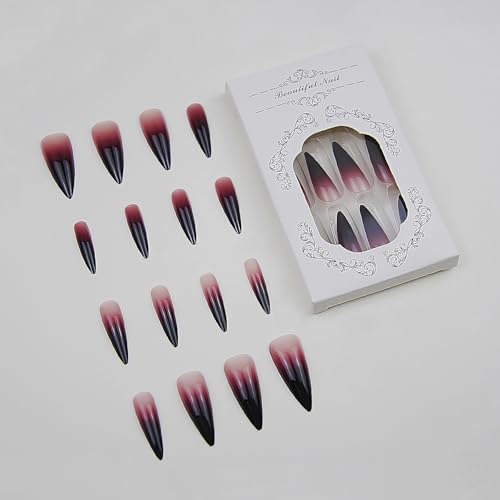MISUD Long Stiletto Fake Nails with Goth Red Black Ombre - 24 pcs with Nail Glue - Variation 10512Red&Black
