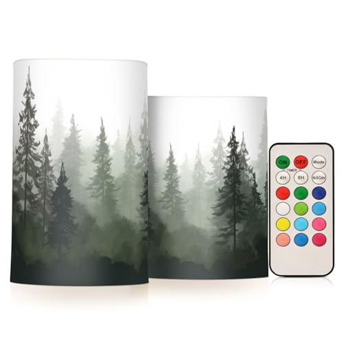 Pine Trees Flameless Candles with Remote Control Set - Battery Operated Home Decor