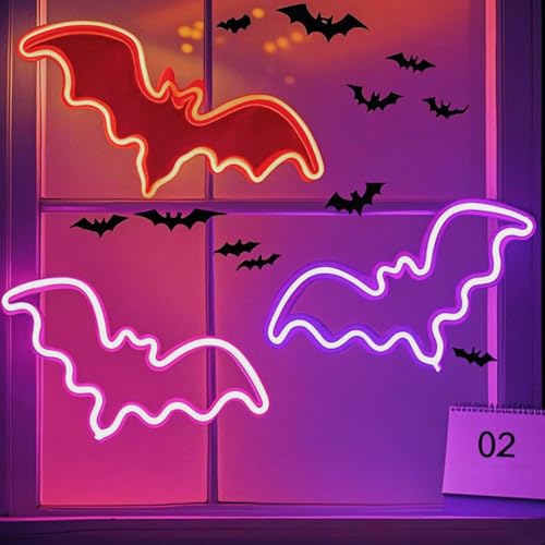 3 Pack LED Bat Neon Signs for Halloween Decor - Red Pink Purple Variations