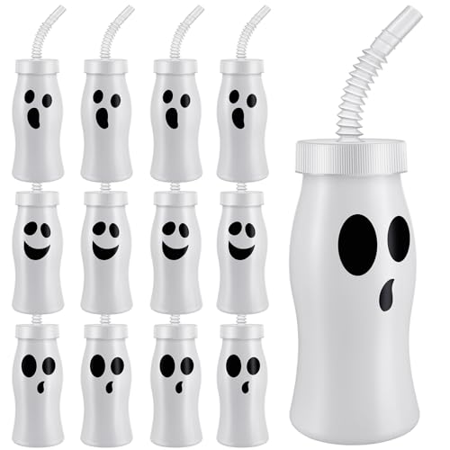 12-Pack Halloween Ghost Cups with Lids & Straws, Reusable Plastic, 8 oz