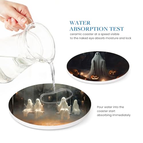 Halloween Ghost Coasters Set of 6 - Ceramic Drink Coasters with Cork Base & Metal Holder