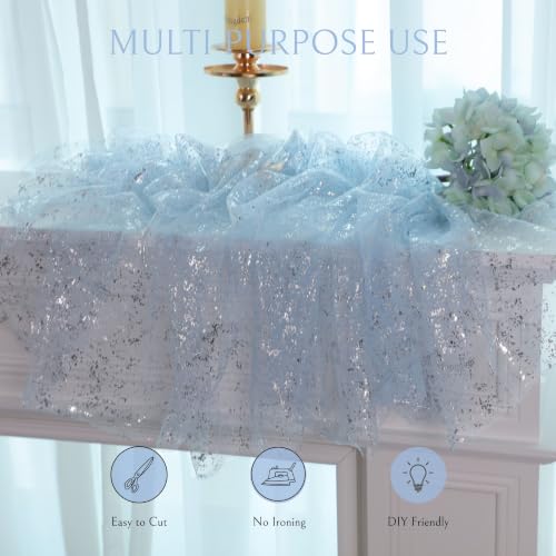 Ice Blue Silver Gauze Table Runner 10ft 10PCS Glitter Sheer Tulle for Weddings