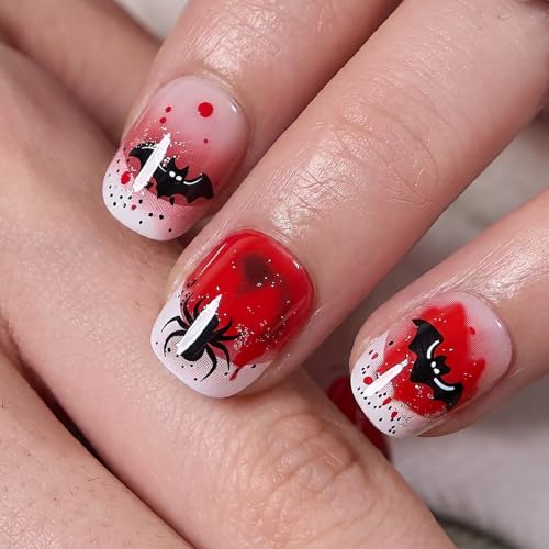 CurvLife Extra Short Square Press-On Nails - Crimson Haunt Red, Reusable Gel Set