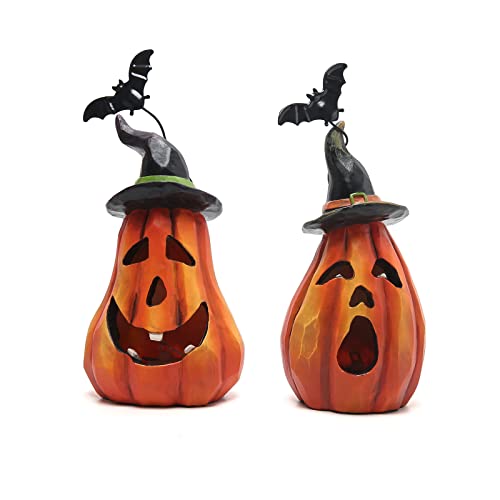 Hodao Halloween Pumpkin Figurines - Orange Jack-o'-Lantern Decor Set with Light-Up Faces