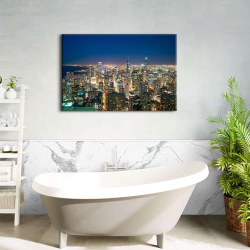 Chicago Skyline Wall Art Canvas - Night View Panorama for Office & Home 48"L x 32"W - Variation of Nightview02