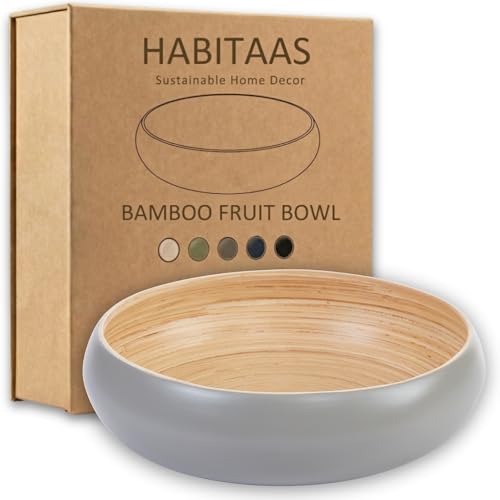Gray Handmade Spun Bamboo Fruit Bowl for Kitchen Counter - Eco-Friendly Decorative Serving Basket, 11.75 Inch