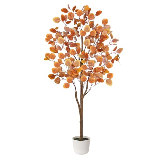 Artificial Eucalyptus Tree 4ft Fall Tree for Indoor Outdoor Porch Entryway - Orange Potted Fake Plants