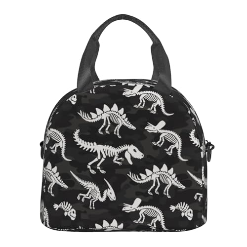 Camouflage Dinosaur Skeleton Insulated Lunch Bag with Adjustable Strap - Black4