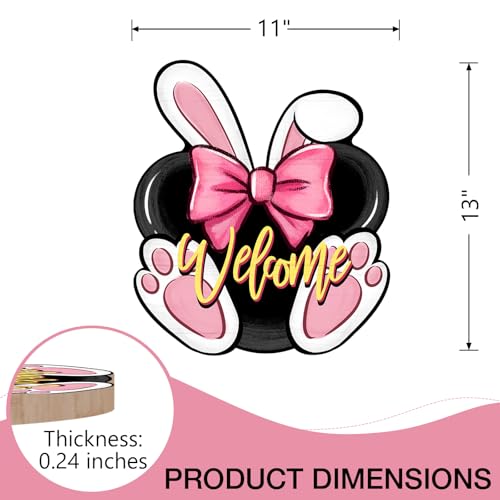 Pink Bunny Welcome Easter Front Door Sign - Bunny Rabbit Ears Wood Hanger