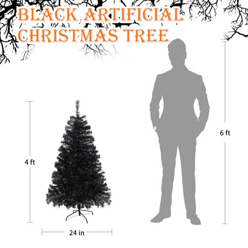 Black 4FT Artificial Christmas Tree with PVC Branches & Metal Stand - Halloween Decor