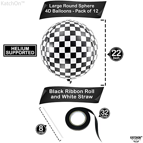 Large Checkered Balloons Pack of 12 - Racing Flag & Blue Foil Balloons for Birthday & Party Decor