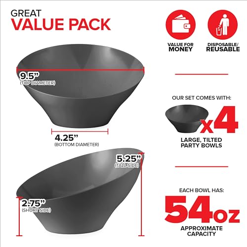 54oz Black Plastic Serving Bowls - Disposable Snack & Salad Dishes 4 Pack