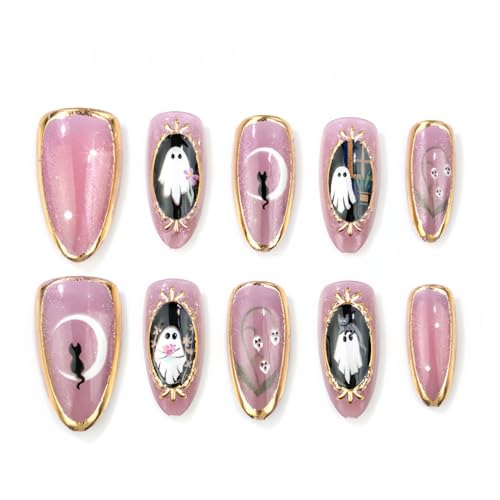 Halloween Ghost Frame Press On Nails - Medium Almond Fake Nails for Women - Ghost Design