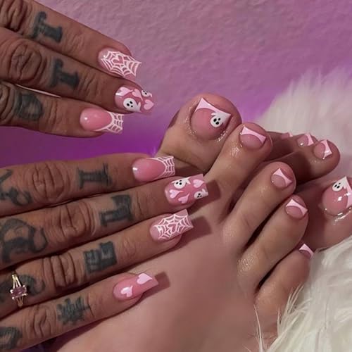 Halloween Pink French Tip Ghost and Spider Fake Nails Set - Medium Square, 24Pcs
