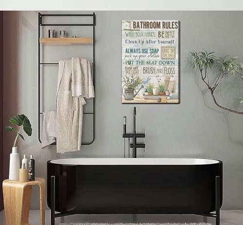 Bathroom Rules Wall Art - Canvas Wall Decor 24x16 Inches - Farmhouse Bathroom Slogan