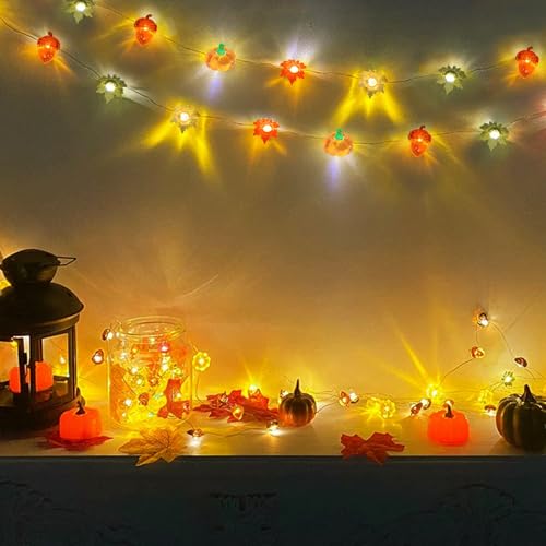 Autumn Thanksgiving Fairy String Lights 16.7Ft 50 LED 3D Pumpkin & Leaf Decor